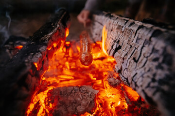 Cooking sausages on a campfire in the forest. Survival in the wild forest.
