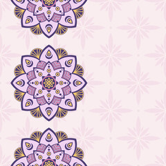 Seamless border pattern with purple and yellow color mandalas. Mehndi lace borders. Endless texture. Space for text. Vector color background.