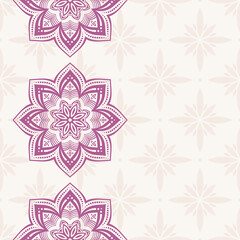 Seamless border pattern with pink color mandalas. Mehndi lace borders. Endless texture. Space for text. Vector color background.