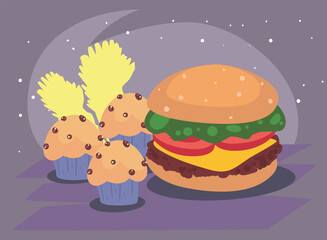 hamburger and cupcake