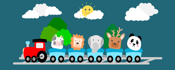 cow lion elephant deer panda cartoon animals travel. Zoo train, cute animal trains journey and funny pets traveling  character traveler vector background illustration