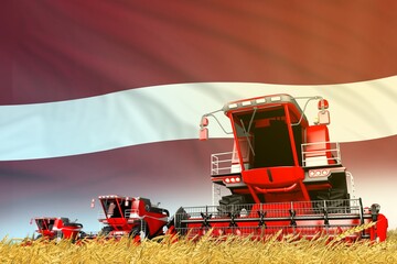 Obraz premium industrial 3D illustration of red rural agricultural combine harvester on field with Latvia flag background, food industry concept