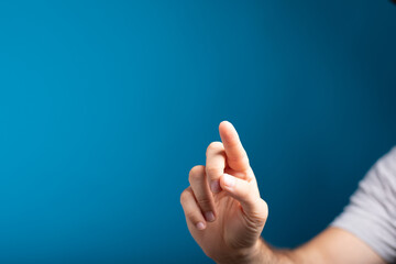 business man presses on touch screen.