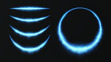 Set of curved lines and circle frame with magic fog effect. Magic clouds neon effect. Shiny frame in clouds effect with bokeh. Eps10 vector