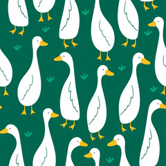 Pattern with cute goose on green background. Vector illustration in flat style. esign for fabric, wallpaper or wrap paper.