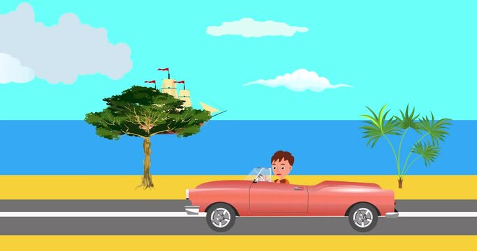 Boy drives  the red car. cartoon 2d animation highway near the sea coast bacground
