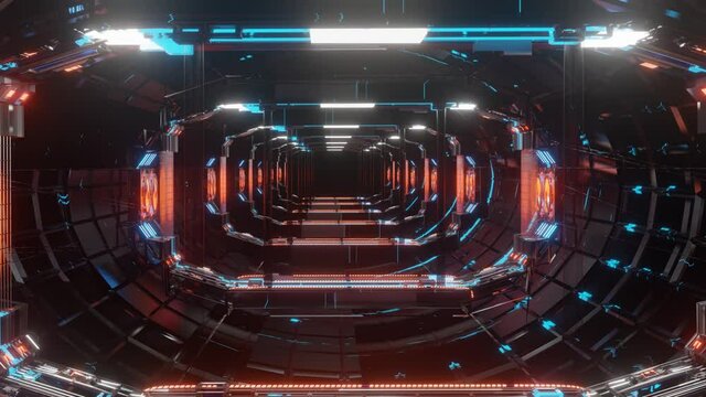 camera fly through a fantastic tunnel with blue flashes of light and cooling systems. Looped animation. 3d render