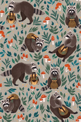 Seamless pattern with raccons wearing backpacks among the leaves and mushrooms in the forest on grey  background 