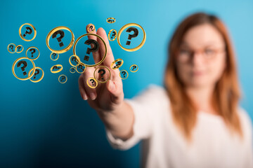 Businessman solving problem with digital question marks 3D rendering
