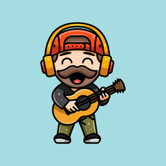 cute guitarist with headphone for character, icon, logo, sticker and illustration.