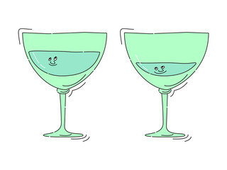 Vermouth glassware with smile face on white background. Cartoon sketch graphic design. Doodle style with black contour line. Cute hand drawn glass. Party drinks concept. Kawaii freehand drawing style