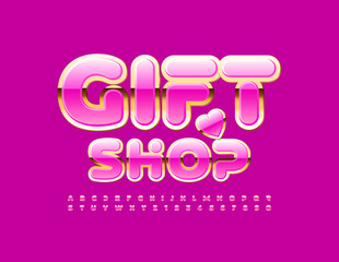 Vector cute logo Gift Shop with Decorative Heart. Creative Pink and Gold Font. Stylish Alphabet Letters and Numbers set