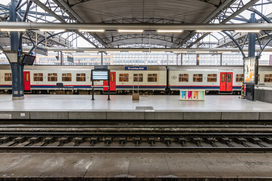 BRUSSELS, BELGIUM - March 12, 2019: Train at platform of Brussels-South (Bruxelles-Midi or Brussel-Zuid) railway station.
