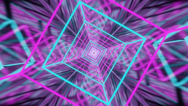 the flight of the camera through the cube frames glowing with new light in the tunnel. looped abstract animation. 3d render