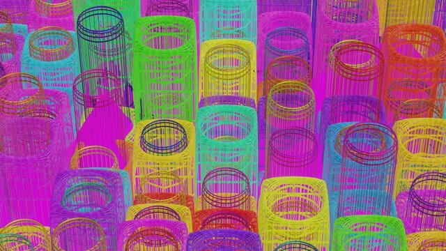 rows of multi-colored wireframe rectangles rise and fall. looped abstract animation. 3d render