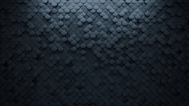 Futuristic, Black Wall background with tiles. Fish Scale, tile Wallpaper with 3D, Polished blocks. 3D Render