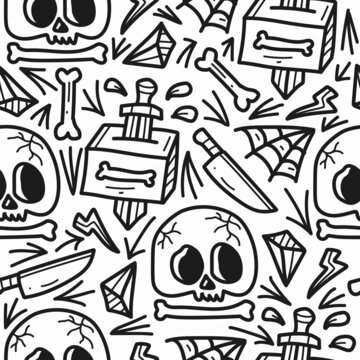 hand drawn skull doodle cartoon pattern design for clothing, wallpapers, backgrounds, posters, books, banners and more