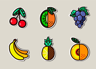 Set of icons with summer fruits. Image of juicy cherries, refreshing kiwi, heavy bunch of grapes, aromatic peach, sweet pineapple, and a bunch of ripe bananas.