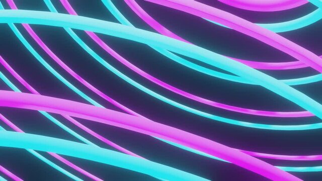 spirals glowing with turquoise and purple light slowly rotate on a black background. looped abstract animation. 3d render