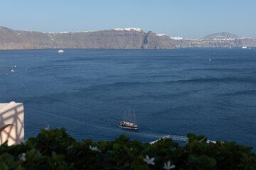 ocean view in Santorini, Greece with blue sky in a sunny warm day in July 2021.