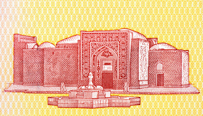 Tomb of Mir Sayyid Ali Hamadani in Kulob town. National Flag of Tajikistan. Portrait from...