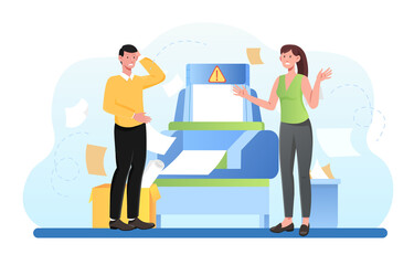 Confused business worker broke copy machine. Service assistance for broken equipment. 24 7 technical support. Flat cartoon illustration vector concept web banner design isolated on white background