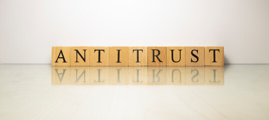 The name antitrust was created from wooden letter cubes. finance and economy.