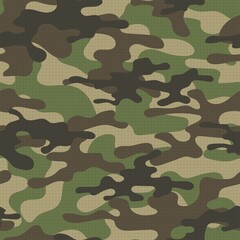 Fototapeta premium Camouflage texture seamless pattern with grid. Abstract modern green endless military bacnground for fabric and fashion textile print. Vector illustration.