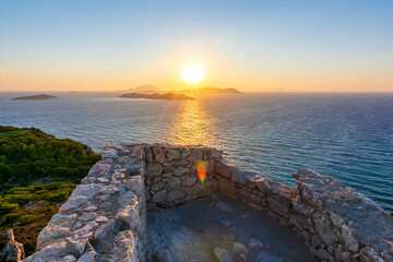 Sunset over Dodecanese islands from Kritinia Castle of Rhodes, Greece