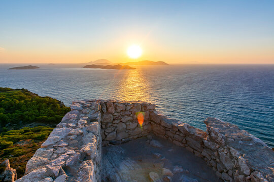 Sunset over Dodecanese islands from Kritinia Castle of Rhodes, Greece