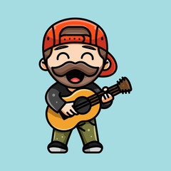 cute guitarist with headphone for character, icon, logo, sticker and illustration.