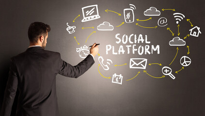 businessman drawing social media icons