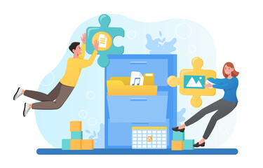 File classification, searching files in database, record management, document tracking system. Flat abstract metaphor cartoon vector illustration concept web banner design isolated on white background