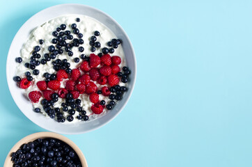 Cottage cheese with sour cream and berries in a light dish on a light background. Healthy food berries and cottage cheese in a plate a place for text