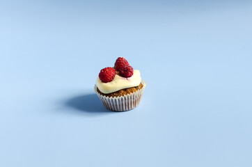 Homemade cupcake with white cream and berries on a blue background. Sweet cupcakes on a colored background close-up.