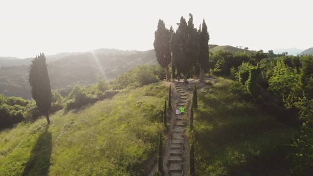 Aerial view of beautiful terraces countryside during sunlight. Montevecchia, Lecco, Italy