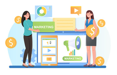 Content manager at work create social media marketing strategy process for client. Public relation digital marketing, PR agency communicate with audience. Flat abstract metaphor cartoon vector concept