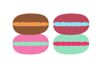 Multicolored sweet cookies with filling on an isolated background. Baking desserts. Tea time. Design elements. Unhealthy food. Flat illustration.