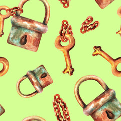 Lock with a key on a chain. Seamless pattern. Watercolor (3)