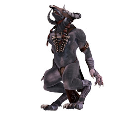 3d-illustration of an isolated giant fantasy werewolf creature with horns
