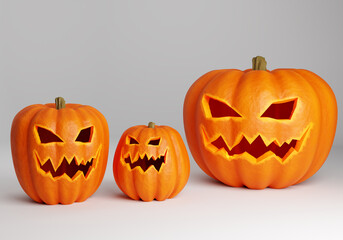 Halloween pumpkin set. halloween pumpkin on a light background. Jack-o-lantern with scary faces. They symbolize preparation for the halloween party. Illustration of hallows' eve. 3d rendering