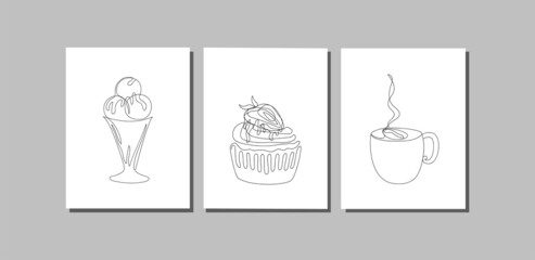 Food sketch wall art posters. Cup coffee, cupcake, ice cream drawn by one line. For interior. Isolated. Vector illustration in minimal style.