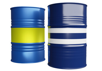 Two barrels for chemistry. Blue oil barrels. Cask for oil on white background. Containers for chemical liquids. Two cask with colored stripes. Isolated barrels. Cask metal. 3d visualization.