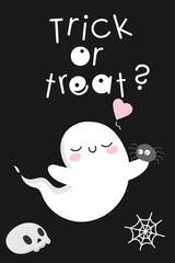 Little cute kawaii ghost halloween spirit with spider. Playful funny scary spooky monster. Trick or treat, boo. flat cartoon vector stock illustration.