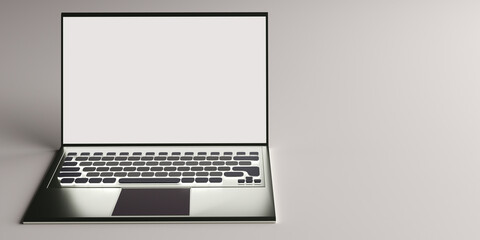 Fototapeta na wymiar Mock-up notebook blank screen. Laptop display front view on gray background. Notebook design with. Minimalist silver laptop design. Computer layout. Laptop with copy space. 3d rendering.
