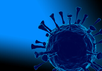 Virus 3d. Large virus molecule on blue background. Background on theme of viral diseases. Background with viral bacteri Metaphor of coronavirus disease. Pandemic covid 19.3d visualization.