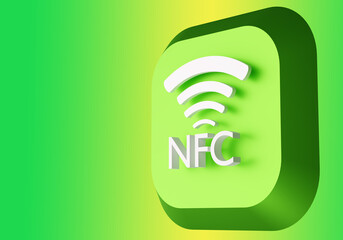 NFC technology. NFC tag for receiving data. Tag for contactless data transmission. Near field communication logo. NFC tag on neon background. Place for inscription. 3d illustration.