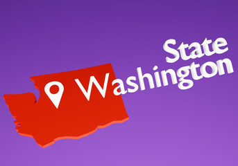 Washington State in United States. Fragment of map of United States. Silhouette of Washington map. USA capital logo. Washington region in America. Geographical label on purple background. 3d image