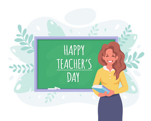 Happy teacher's day concept. Female teacher in classroom with chalkboard. Vector illustration