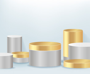 Modern white and gold cylinder pedestal podium, minimal, Stage for awards on website,  Abstract room,